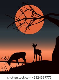 Illustration, night landscape, silhouettes of a deer on a lake, tree and sunset. Poster, wallpaper, vector	
