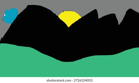 illustration of night landscape, sunset between mountain