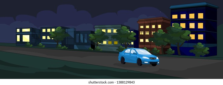 illustration of night landscape, travel, nature, car, city nightlife, tour in flat style element for info graphic, website, games, motion design - Vector