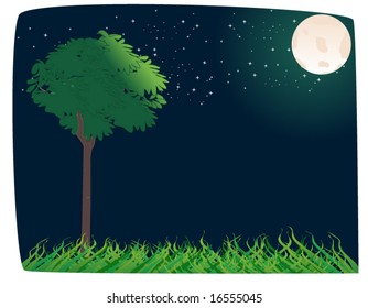 Illustration of night with moon, tree and grass