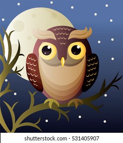 Illustration of night owl sitting on the brunch. Full moon and stars backdrop.
