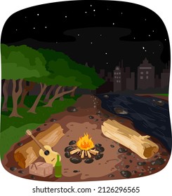 Illustration of Night Picnic with Bonfire, Guitar, Bottle of Drink, and Food Basket by the River