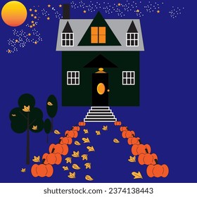 Illustration of a night with pumpkins lining the sides of the road.