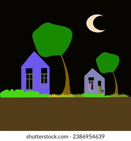 Illustration of night in a quiet village. Vector night in the countryside