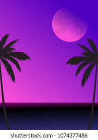 The illustration of a night scene landscape in blue and purple colors with a full moon, sea, and black palm tree silhouettes