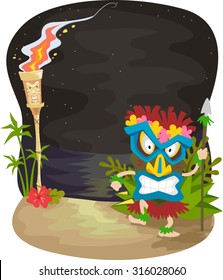 Illustration of a Night Scene with a Man Wearing a Tiki Mask Standing Near a Tiki Torch