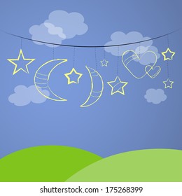 Illustration of night sky with clouds, moon and stars