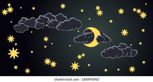 Illustration of night sky clouds, stars and moon for children, kids. Cloud holds moon. Childish simple wallpaper drawing with funny cartoon cloud for good sleeping and dreams.