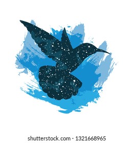 Illustration of a night sky colibri silhouette. Vector print isolated on white background. Bird of hummingbirds. Logo for the company, studio. Talisman, emblem, modern art print, web design element.