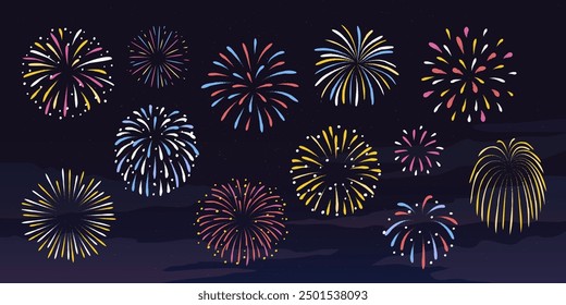 Illustration of night sky and fireworks.