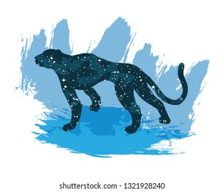 Illustration of a night sky leopard silhouette. Vector print isolated on white background. Wild animal predator. Logo for the company, studio. Talisman, emblem, modern art print, web design element