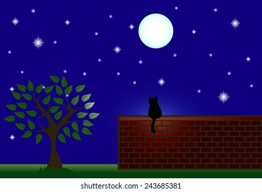 illustration of the night sky and lit by moonlight tree silhouette of cat facing the full moon