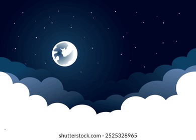 ilustração do céu noturno com lua e nuvens brancas