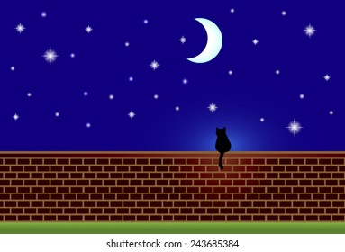 illustration of the night sky and the moonlit brick wall silhouette of cat facing the moon