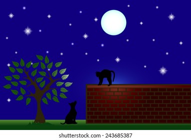 illustration of the night sky and the moonlit tree silhouettes of dog and cat curved arc