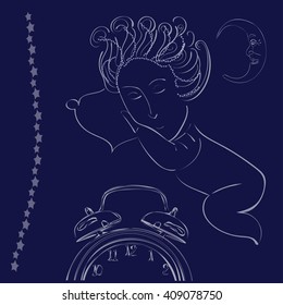 Illustration with night sky and sleeping baby smiling