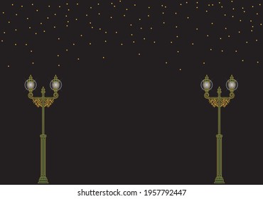 Illustration of night sky, stars and retro street lights