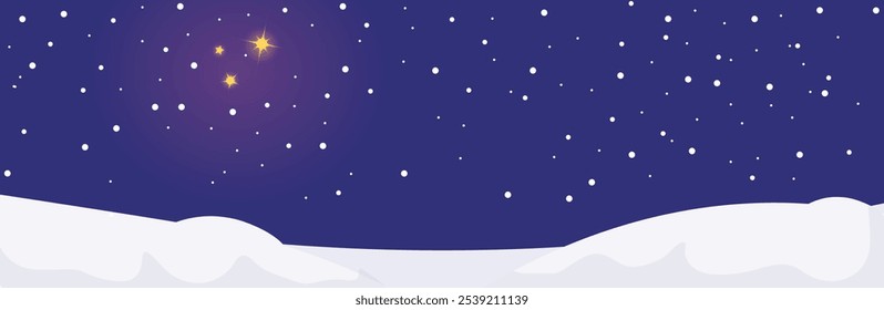 Illustration of the night starry sky and fallen snowdrifts in vector style. The design of the night winter background with bright stars is suitable for advertising, posts, brochures, banners, desig