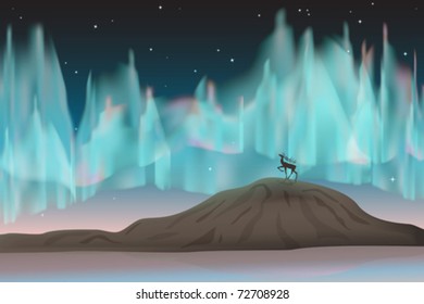 The illustration of night starry sky with northern lights. The northern deer on the hill. Winter amazing nature view. Aurora polaris or aurora borealis .The  fantasy art style