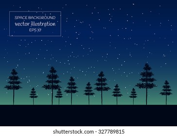 Illustration of night starry sky and pine trees.