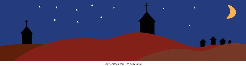 illustration of night vibes of small christian village with a big chruch in the top of a hill and stars and moon that very bright