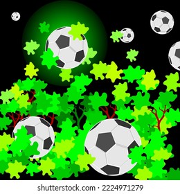 Illustration of night view with green leaves and some scattered soccer balls