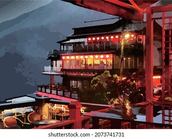 Illustration of the night view of Jiufen Old Street in Taiwan