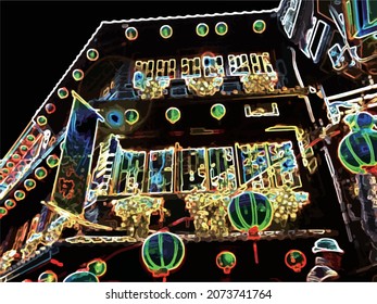 Illustration of the night view of Jiufen Old Street in Taiwan