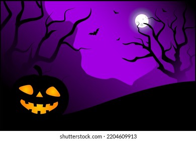 Illustration of the night view in the middle of the valley with dead trees and a scary pumpkin.