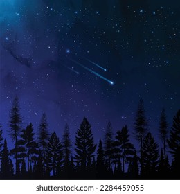 Illustration of a night view of the Milky Way with a silhouette of a pine tree. Vector illustration