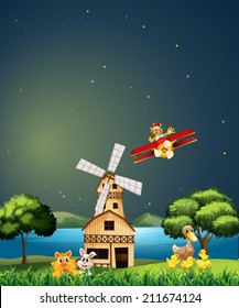 Illustration of a night view with windmill
