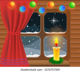 Illustration of a night view from the window on the nature, on snow-covered fields and mountains, it is snowing, a candle is burning on the window