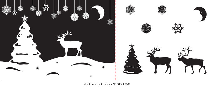 illustration of night winter forest with snowflakes