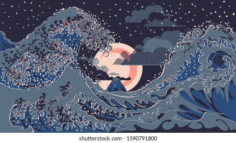 Illustration of nightscape with big ocean waves, modern retro art design.