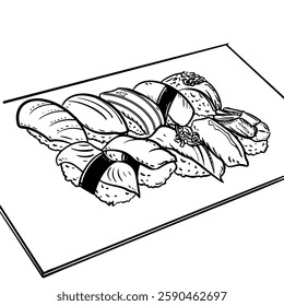illustration of nigiri sushi on a rectangular plate. This detailed black and white line art showcases various types of fish and seafood, including tuna, salmon, shrimp, and eel, on rice beds. 