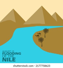 Illustration of the Nile river with camels and trees with pyramids and bold text to celebrate the Flooding of the Nile August 15 in Egypt