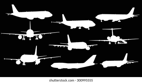 illustration with nine airplanes silhouettes isolated on black background
