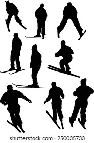 illustration with nine black skier silhouettes isolated on white background