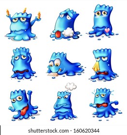 Illustration of the nine blue monsters on a white background