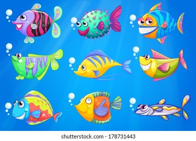 Illustration of the nine colorful fishes under the sea