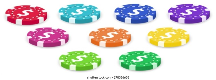 Illustration of the nine colorful poker chips on a white background