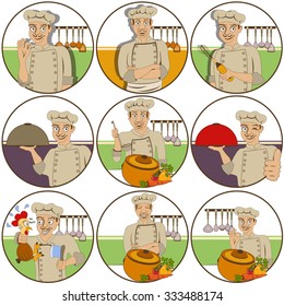 illustration of nine different chef funny stickers - face expressions.