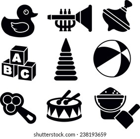 Illustration of the nine different kind of toys on white background. Vector illustration