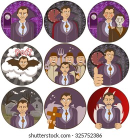 illustration of nine different vampire funny stickers - face expressions.