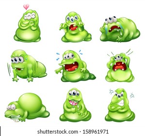 Illustration of the nine green monsters engaging in different activities on a white background