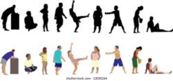 Illustration of nine people at the beach with silhouettes included