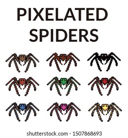 Illustration of nine pixelated spiders, with different colors, for videogames and illustrations.