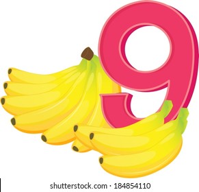 Illustration of the nine ripe bananas on a white background