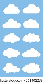 Illustration of nine white clouds on a blue background. Each cloud is uniquely shaped. Simple cloud design. Blue sky with white clouds. Minimalist cloud art. Weather illustration, vector set.