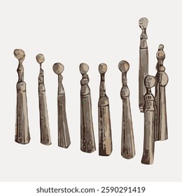 Illustration of nine wooden bobbins for lace-making, standing upright. Bobbins vary in height and shape, with rounded tops. Wooden bobbins for crafts. Vintage illustration isolated on white, vector.